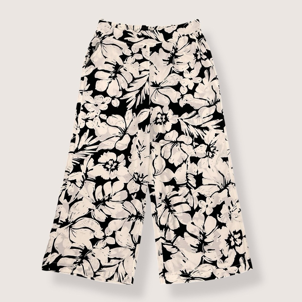 Tahari Pants Women Large Black Ivory Floral Wide Leg Flowy Elastic Waist NEW